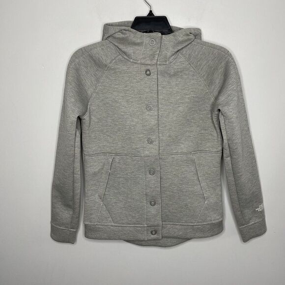NORTH FACE Womens Neo Thermal Snap Hoodie Jacket EUC Heather Gray Knit Small S - Picture 1 of 12